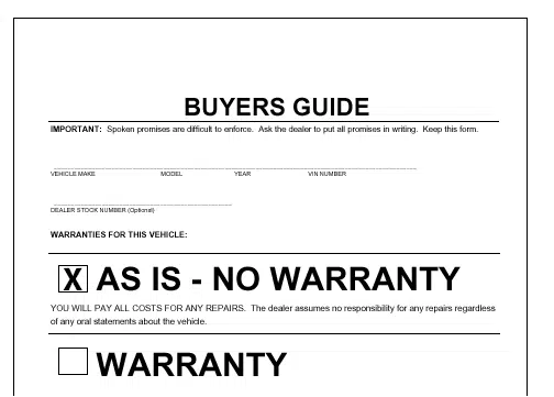 As-Is Buyers Guide displayed on vehicle widow at a used car dealer.