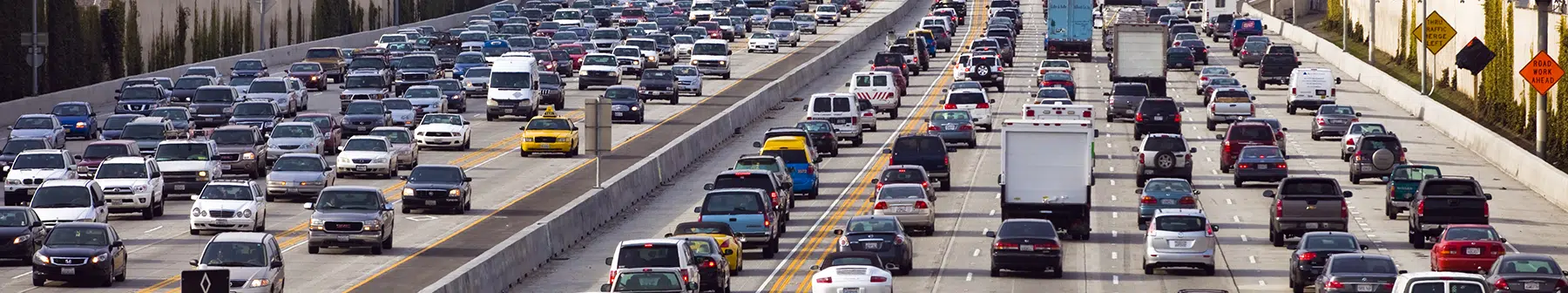 Cars and trucks in traffic on the 405 freeway in Los Angeles, California.
